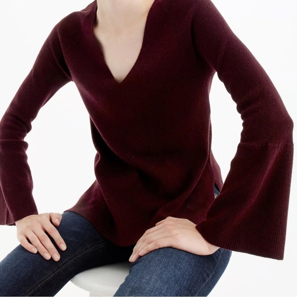 J. Crew Deep Burgundy V-Neck Bell Sleeve Sweater